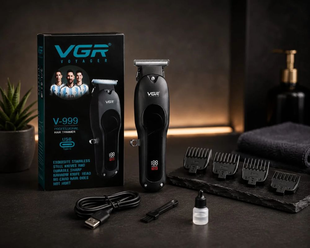 VGR V-999 Professional Hair Trimmer is designed for precision, comfort, and durability. Perfect for barbers and home use with USB Type-C fast charging and high-performance stainless blades.