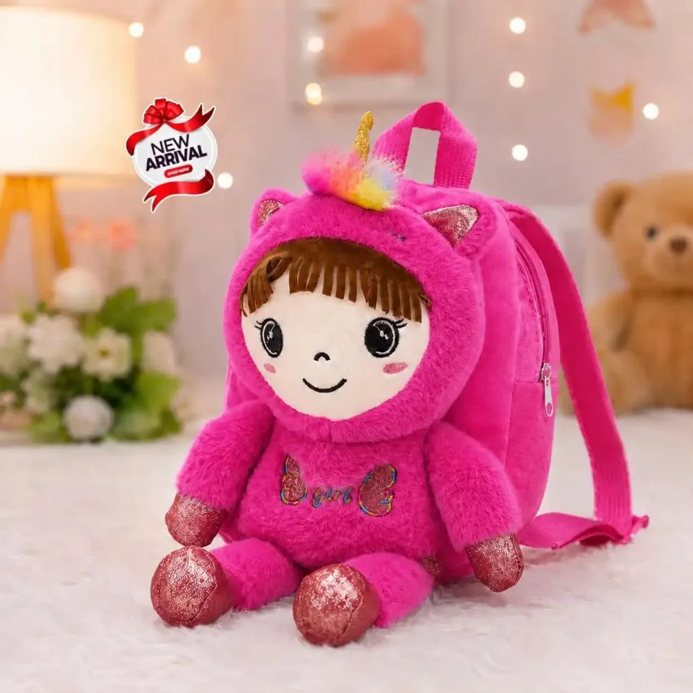 Cute Unicorn Plush Doll School Backpack for Kids – Soft Cartoon Baby Girls Travel Bag (Pink)